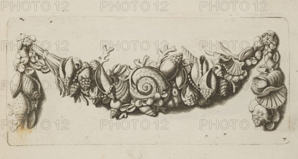 Feston: Quellinus, Artus 1609–1668, engraver; baroque; festoons, garlands, pearls, shells, corals; Netherlandish; ornaments, decoration patterns, designs; French graphics; ca. 1650 ; album; height 9.8 cm, width 21.7 cm., A horizontal arrangement of various seashells and marine forms is depicted in a curved, garland-like cluster across a light, textured background. The objects include spiraled shells, scallop-like shells, elongated conical shells, small rounded shells, and coral fragments, rendered with fine dark lines and cross-hatching that create shadows and texture. There are also bead-like round elements and ribbon-like strands interwoven among the shells. The overall tones are black and dark gray lines on a beige or off-white paper, with a small area of light brownish staining near one edge.