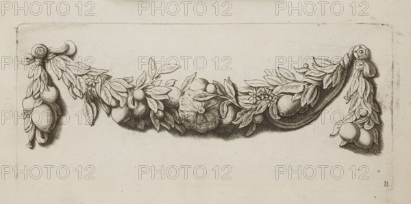 Festoon: 8; Quellinus, Artus 1609–1668 engraver?; lemons; baroque; festoons; garlands; Netherlandish; ornaments; fruits; designs; decoration patterns; thematic/graphics; French graphics; ca. 1650 : Amsterdam ; album; height 9.8 cm; width 21.9 cm, A horizontal ornamental garland drawn in fine dark lines on a light beige background, formed from a draped cloth or ribbon entwined with clusters of leaves, round fruits, and small flowers; the composition has a central heavy cluster with textured round fruits and a knobbly central fruit, flanked by flowing leafy branches and groups of smaller round fruits, with draped ends hanging down on both sides and visible shading created by closely spaced lines; colors visible are beige, off-white, and dark brown or black from the ink.