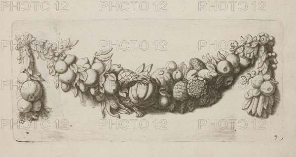 Festoon: 9. Artist: Artus Quellinus 1609–1668 engraver?. Baroque style. Subject: festoons, garlands, pomegranates, apples, artichoke Cynara scolymus, other fruits; ornamental designs and decoration patterns. Netherlandish, French graphics influence. Date: ca. 1650. Medium/format: album. Dimensions: height 9.8 cm, width 21.8 cm., A horizontal decorative garland made of a dense cluster of fruit and leaves spans the center of the image, with two hanging bunches at each end. The fruits include round, apple-like shapes, elongated forms, and textured, cone-like items, all rendered in fine, hatched black ink lines on a light beige background. Leaves of various sizes and shapes intermix with the fruit, some curling or overlapping, and small berry clusters appear near the ends. The shading is detailed with cross-hatching and stippling, creating darker shadowed areas beneath and between the fruit and lighter highlights on curved surfaces. Overall colors visible are black linework and shading on ...