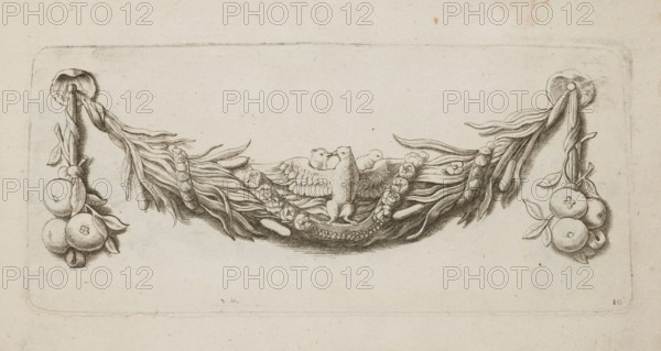 Feston: Quellinus, Artus 1609–1668, engraver; Baroque; doves, apples, festoons, garlands, rushes, fruits; ornament designs, decoration patterns; Netherlandish; engraving slightly cut or torn at lower edge; ca. 1650, Amsterdam ; album; 9.9 × 21.8 cm, A horizontal monochrome drawing on a light beige background shows a central decorative garland made of flowing ribbonlike strands and a group of feathers or leaves, with a stylized bird figure perched in the middle and flanked by curved strands and beadlike clusters; the garland extends toward each side where it ties into a knot from which a cluster of round fruit and leaves hangs, mirrored on left and right. The visible colors are shades of beige, off-white, and dark brown ink.
