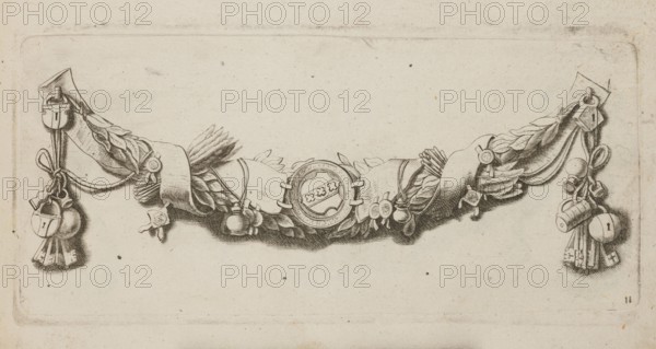 Feston: 11, Quellinus, Artus 1609–1668 engraver?, Amsterdam, baroque, festoons, coats of arms, garlands, chancelleries, inkwells, Netherlandish, ornaments, padlocks, seals, bird feathers, designs, decoration patterns, French graphics, ca. 1650, album, height 10.1 cm, width 21.9 cm, A horizontal decorative garland rendered in black and sepia tones stretches across a light beige background, composed of draped ribbon-like folds, clusters of stylized leaves, and a few tassel-like bundles hanging at each end. At the center sits a circular medallion surrounded by laurel leaves and small round ornaments, with ribbon loops and folded bands extending outward on both sides. Several small suspended objects resembling keys and rounded pendants hang from the left and right ends, each attached to cords or loops, and there are a few rosette-like details and rounded bells interspersed along the garland. The image shows fine linear etching with areas of cross-hatching creating shadows beneath the garla...