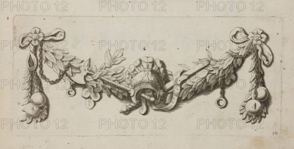 Feston: 12; Artus Quellinus 1609–1668 engraver?; baroque; weapons; festoons; ornaments; Netherlandish; designs; axes; garlands; decoration patterns; panoply; helmets; clubs; sword; French graphics; ca. 1650, Amsterdam ; album; height 9.8 cm; width 21.9 cm, A horizontal ornamental drawing in black and gray tones on an off-white background shows a central helmet-like shape with curved decorative elements and a plume, flanked by a symmetrical garland of leaves and ribbon-like straps. A group of laurel-like leaves extends outward from the center toward each side, interwoven with chains and hanging round baubles and small ringed pendants. At each outer end a bow-like motif ties the garland to a cluster of leaves and spherical ornaments. The image has scattered small specks and slight aged discoloration on the background, and faint rectangular framing lines around the composition. The visible colors are black, gray, and off-white.