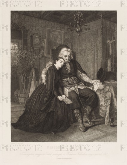 Miecznik i Marya, zinc, Florian Stanislaw 1838–1912 painter; co-author, Henryk Redlich 1838–1884 graphic artist; author, Miecznik literary, genre scenes, 1867–1868, Munich, graphic print, graphic, height 45.7 cm, width 34.5 cm, An interior scene in muted sepia tones shows an older man seated in a high-backed chair with a younger woman leaning against him; the man has light hair and a mustache and wears layered garments with a sash and boots, holding a cane and a piece of cloth, while the woman in a dark dress rests her head on his shoulder and holds a folded paper. The room contains a patterned tablecloth on a side table, a chandelier hanging from a coffered ceiling, framed pictures on the wall, a potted plant near a doorway, and a tall clock or cabinet partially visible in the background, all rendered in detailed tonal shading of browns, creams, and blacks.