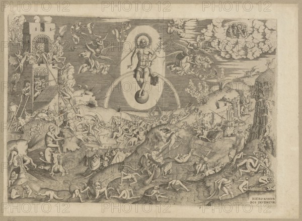The Last Judgment; creators: Cock, Hieronymus ca. 1510–1570 publisher?, Bosch, Hieronymus ca. 1450–1516 painter; co-creator, Heyden, Pieter van der ca. 1530–post 1584 engraver; author?, Galle, Philips 1537–1612 engraver; author?; subject: The Last Judgment, fantasy creatures, demons, angels; date: ca. 1560; place of origin: Antwerp; medium/function: print, graphic print., The image shows an intricately detailed monochrome engraving with a central figure suspended above a globe inside an oval light halo, surrounded by a curved arch; the scene below is a chaotic landscape filled with many small human and hybrid figures in various contorted poses, some riding or being led by animal-like creatures, others climbing, falling, or struggling on rocky hills and uneven terrain. To the left there is a fortified tower or structure with figures interacting on ramps and platforms, and nearby winged beings hover and fly amid flowing banners; to the right a rocky cliffside rises with clustered figures...
