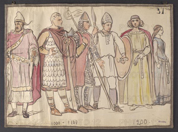Men's and women's costumes from the 11th, 12th and 13th centuries; Gerson, Wojciech 1831–1901, draughtsman/author; provenance, repossession provenance; costume studies; 11th century costume; costumeology; 13th century costume; research aid; 12th century costume; 1860–1872; Warsaw place of origin; drawing, watercolor; height 52 cm, width 71.5 cm, A group of people standing in a row on a pale background, drawn with ink and watercolor, wearing historical-style clothing and armor; from left to right there is a figure in a light-colored tunic with a long draped cloak in pink and a belt with circular decorations, a figure in scale armor and a reddish cloak, a helmeted soldier in chain or scale armor holding a long spear with a red garment visible, a figure in a tunic and conical helmet holding a long pole, a person in a pale yellow dress with a reddish cloak and an oval shield, and a figure in a long blue dress with a headband. Colors visible include beige, pink, red, yellow, blue, gray, bro...