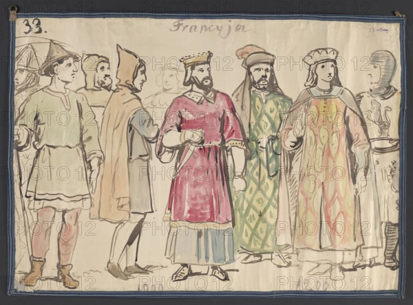 French Costumes from the 11th, 12th and 13th Centuries, Gerson, Wojciech 1831–1901 draughtsman/author; costume studies; fashion; France; 11th century costume; 12th century costume; 13th century costume; 1860–1872; Warsaw; drawing; watercolor; height 46 cm; width 64.5 cm; repossession provenance unknown., A horizontal ink and watercolor drawing of a group of people standing side by side wearing varied historical clothing, with a few men and a few figures partially visible in the background; visible colors include pink, green, beige, tan, yellow, blue, gray, brown, black, and red. The central figure wears a pinkish robe with a belt and a crownlike headpiece and has a beard, while to the right another bearded figure wears a green patterned robe and a head covering. To the far right a figure in a long flowing garment patterned with yellow and red shapes wears a cap and has long hair. To the left several figures wear cloaks, hoods, and simple tunics in muted beige and gray tones, and one fi...