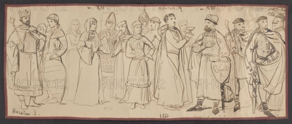 Polish costumes from the 11th, 12th and 13th centuries: the times of Boleslaw I the Brave, Casimir I the Restorer, Konrad of Masovia, Henry the Bearded; drawing, watercolor, 1860–1872; Gerson, Wojciech 1831–1901 draughtsman/author; costume studies depicting Polish kings Boleslaw I the Tall 1127–1201, Konrad of Masovia ca. 1187–1247, Casimir I 1211–1267, Henry the Bearded 1168–1238; 11th–13th century costumes; height 46 cm, width 114 cm., A wide ink drawing shows a group of people standing across the scene, all facing various directions and interacting; their clothing suggests medieval or historical dress with long robes, cloaks, helmets, crowns, and capes. The figures include several wearing headgear such as a crown, helmets, and hats, and some hold objects like a long staff, a shield, and a chalice. The line work is primarily dark brown or black ink on a light beige paper background, with occasional thicker brush strokes for shading and detail. The border around the paper is a thin ba...