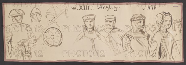 English Costumes from the 13th and 14th Centuries, Gerson, Wojciech 1831-1901 draughtsman/author, costume studies, costume studies, costume studies, England Great Britain, 13th century costume, 14th century costume, 1860–1872, drawing, watercolor, height 34.5 cm, width 64.5 cm, A long horizontal drawing on a cream background bordered by a thin red striped frame shows a series of loosely sketched figures and faces in brown ink, including several helmeted soldiers with simple armor and a round shield decorated with a floral motif, a few men with beards wearing capes and caps, and a group of women with different headwear including a crownlike headband and rounded headdresses; the line work is sketchy and expressive with visible strokes and shading, and the dominant colors are cream, brown, and red.