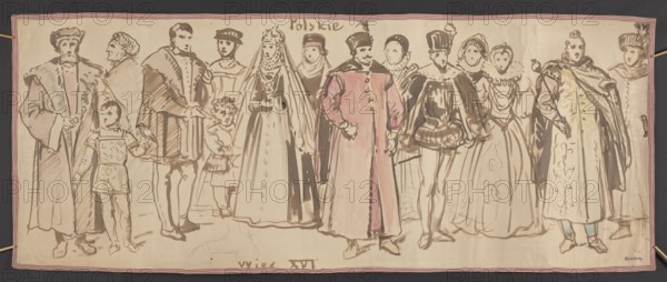 Polish costumes from the 16th century: the times of Henry of Valois and Stephen Báthory; Gerson, Wojciech 1831–1901 draughtsman/author; unknown provenance; costume studies; costume studies of Valois, Henry King of Poland; 1573–1574 — iconography; Stephen Báthory 1533–1586 — iconography; costume studies of Polish kings; 16th century costume; dated 1860–1872, Warsaw; drawing, watercolor; height 46 cm, width 114.5 cm, A horizontal fabric panel shows a group of people standing side by side, depicted in sketchy pen and wash. The figures wear a variety of historical garments including long robes, cloaks, capes, gowns, and tunics with headwear such as hats, caps, and veils; some garments have visible decorative patterns. A few children appear among the adults, one holding a small bird. The drawing uses muted brown ink lines with washes of pale beige and light pink on a cream-colored background, and there is a narrow striped border in red and white around the panel. The overall scene is compos...