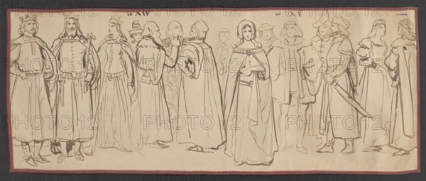 Polish costumes from the 14th and 15th centuries: the time of Casimir the Great; draughtsman Gerson, Wojciech 1831–1901; costume studies; Casimir the Great king of Poland; 1310–1370; costumeology; Polish kings; 14th century costume; 15th century costume; dated 1860–1872; drawing, watercolor; height 45.5 cm, width 114.5 cm; provenance unknown., A wide horizontal drawing shows a group of figures standing close together across the scene, mainly facing forward or in slight profile, dressed in historical robes, cloaks, gowns, capes, hats, crowns, and head coverings; some figures hold or rest hands on swords and belts, and one holds a staff. The drawing is rendered with dark brown ink lines on a light beige paper background and framed by a narrow red border with darker outer edges; the figures vary in posture and clothing details, with flowing skirts, draped sleeves, fur or trimmed collars, simple shoes and boots, and a few visible facial features and hair.
