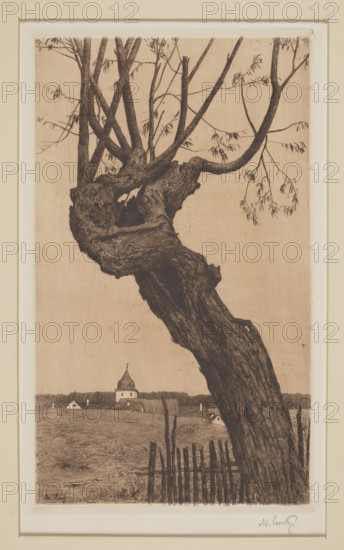 Alte Weide, Luntz, Adolf 1875–1934 graphic artist / author; trees, willows; graphic art; old age; 1895 ; Leipzig ; graphic art; height 36.2 cm, width 20.8 cm, A vertical artwork showing a large gnarled tree trunk and branches occupying the foreground, drawn in dark brown lines against a beige background; delicate thin branches with small leaves extend toward the top and sides. In the lower middle distance a few simple building shapes and a domed structure appear along a horizon rendered in similar brown ink. The foreground also includes a rustic wooden fence with uneven vertical slats in dark brown. The image is bordered by a lighter beige mat and a narrow inner frame in cream. Overall colors visible are brown, beige, and cream.