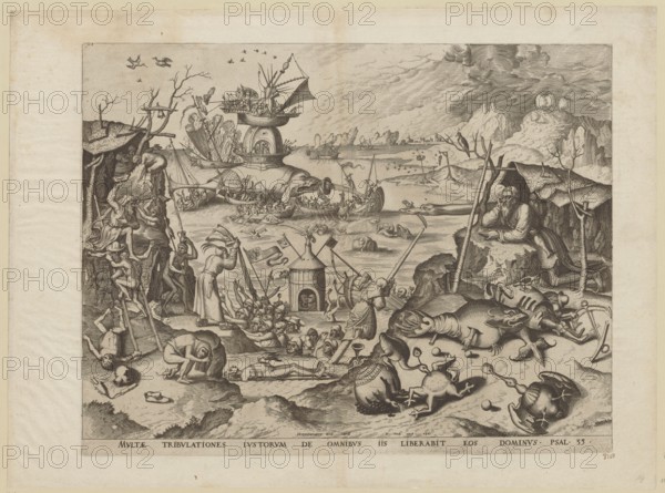 The Temptation of St. Anthony; from the pseudonym Kneeling St. Anthony Leaning on a Rock, Bosch, Hieronymus ca. 1450–1516 painter; Doetecum, Lucas van ?-1584/1589 engraver; Doetecum, Joannes van I 1528/1532–1605 engraver; Cock, Hieronymus ca. 1510–1570 publisher. Subject: The Temptation of St. Anthony; iconography: Anthony, fantasy, fantastic creatures, psalms. Date: 1561. Place of origin: Antwerp. Medium/type: graphics., The image shows a detailed black-and-white engraving scene with a shoreline and a group of small boats and larger fanciful vessels in the water, some topped with architectural and shiplike structures; many human figures are depicted both in the water and on land, with some climbing ladders on a rocky cliff left of center and others gathered around a central small furnace-like structure near the water’s edge. On the right a bearded man reclines under a makeshift shelter of cloth supported by poles, surrounded by various overturned and broken objects and a few animal-li...