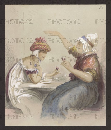Two Women at a Table Drinking Wine, Alfred Grévin 1827–1892, illustrator; costume scene, genre scene of women with goblets at a table; drawing, 1880s, Paris; height 23.5 cm, width 19.5 cm., A watercolor-style scene shows a young woman and an older woman seated at a small table, each holding a small glass. The young woman wears a white off-shoulder dress with purple trim and a colorful hat in shades of red and pink with ribbon details, and she leans forward with an attentive expression. The older woman wears a white headscarf with a blue band and a reddish-brown blouse with a blue skirt, and she gestures with one arm raised while holding her glass in the other hand. The table and surrounding area are rendered in soft beige and pale gray tones, and the overall palette includes white, red, pink, purple, blue, brown, and beige.