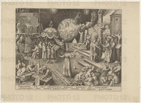 Temperance Temperantia, Galle, Philips 1537-1612 graphic artist/author, Cock, Hieronymus ca. 1510-1570 publisher, Bruegel, Pieter I ca. 1525-1569 graphic artist/co-author after; allegories; genre scenes; Virtues personifications; ca. 1559–1560, Antwerp; graphic art, The image shows a detailed monochrome engraving with a central robed figure standing with arms outstretched before a large celestial sphere and a draped canopy; surrounding this figure are a group of robed people clustered around books and musical pipes to the left, and groups of figures engaged in conversation, handling objects, and working with tools to the right; foreground scenes include seated and reclining people writing, counting, or examining objects at tables and ladders, and a small group of children or smaller figures clustered together near the bottom right; architectural elements such as columns, towers, and stair-like platforms appear in the mid and background, along with a tented canopy, a stage with costumed...