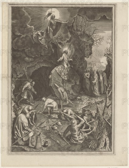 Resurrection, Galle, Philips 1537-1612 graphic artist / author; Bruegel, Pieter I ca. 1525-1569 graphic artist / co-creator after; Cock, Hieronymus ca. 1510-1570 publisher; Resurrection iconography; New Testament Bible; Passion Bible; New Testament; soldiers; Three Marys at the Tomb iconography; crossbows; rocks; angels iconography; ca. 1562–1563; Antwerp; graphic art, A monochrome engraving rendered in shades of black, gray, and off-white shows a rocky cavern opening with a figure standing on a large stone in the center, surrounded by a radiant halo; above, a second robed figure hovers on billowing clouds holding a banner, also encircled by light. In the foreground and along the cave floor a group of sleeping figures in various garments and hats recline or kneel with spears, staffs, and simple tools nearby; some are bent over, others are sprawled, and one raises an arm toward their head. To the right of the central stone a group of standing robed figures watch from a rocky ledge, and ...