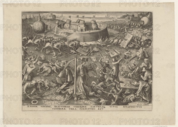 Courage Fortitudo, Galle, Philips 1537–1612 graphic artist/author, Cock, Hieronymus ca. 1510–1570 publisher, Bruegel, Pieter, I ca. 1525–1569 graphic artist/co-creator after; allegories; Virtues personifications; fantasy creatures; Courage allegory/personification; genre scenes; ca. 1559–1560; Antwerp; graphic art, The image shows a detailed monochrome engraving in shades of brown and beige depicting a crowded battle scene with a fortified structure in the background and a shoreline with ships beyond it; the foreground contains a central winged figure standing beside a tall column surrounded by a jumble of people, animals, shields, weapons, and broken wooden structures; on the left and right edges there are combatants on foot and horseback engaged in fighting, some raising weapons and others fallen, while various animals and chaotic elements lie scattered across the ground; trees and distant buildings appear behind the fort, and the overall palette is muted with tones of sepia, tan, cr...