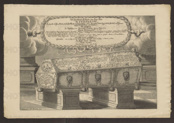 Sarcophagus of Margareta Brahe, Duchess of Hesse-Homburg; engraved by Johann Philipp Thelott 1638–1671. Coffin depiction; German style. Subject: Margareta Abrahamsdotter Brahe Duchess of Hesse-Homburg; 1603–1669. Includes hourglasses clocks. Dated after 1669. Print; height 32 cm, width 45.2 cm., An engraved scene in monochrome tones of black, gray, and off-white shows an ornate stone chest or sarcophagus raised on two plinths, decorated with carved lion head rings and intricate scrollwork; the chest has a sloped lid also covered in ornate relief panels and cartouches, and a few sculpted rosettes and ribbon-like drapery along its upper edge. Above the chest floats a large oval wreath held by hands emerging from billowing clouds on either side, with a flowing ribbon element beneath the wreath. The setting appears architectural with a patterned floor of alternating light and dark tiles and a paneled wall or columns framing the composition; shading and crosshatching create depth and textur...
