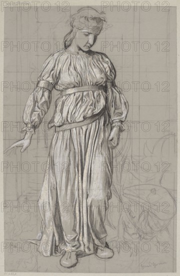 Saint Margaret with a Dragon, Hans Thoma 1839–1924, ca. 1907. Drawing, height 51 cm, width 33.3 cm. Subject: Margaret the Martyr Saint; ?–ca. 303–305 shown with a dragon; figure studies; dragons fantasy; lives of saints; designs for paintings. Style/roles: draughtsman; German drawings., A standing female figure drawn in pencil and white highlights, wearing a long, flowing dress with gathered sleeves and a sash at the waist, her head tilted downward and hair pulled back with a simple headband; the figure is shown full-length against a faint gridded background with light sketch lines and partial outlines of other shapes, and the visible colors are shades of gray, black, white, and a beige paper tone.