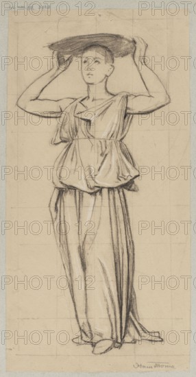 Study of a Woman Carrying a Basket of Flowers on Her Head, Hans Thoma 1839–1924, drawing, ca. 1890, Germany; study of a female figure, design for a wall painting; height 42.8 cm, width 21.7 cm., A standing figure of a person seen full-length wearing a long flowing dress with draped folds and a gathered waist, holding a wide flat object above their head with both hands; the figure is drawn in charcoal or pencil with visible sketch lines and shading, showing facial features and short hair, bare arms, and feet peeking from beneath the hem; the background is plain paper with faint grid lines and the dominant colors are beige and black with subtle variations of gray.