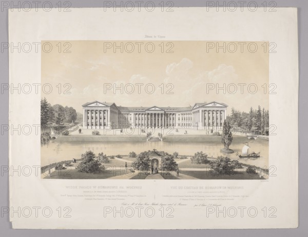 View of the palace in Romanów in Volhynia, lithograph after Józef August Ilinski by Charles Claude Bachelier and Jean-Louis Tirpenne; original by Gustav Friedrich Amalius Taubert; lithographic workshop Lemercier, Bénard et Cie Paris; publishers Jan Kazimierz Wilczynski. Subjects: palace and garden in Romanów Ukraine with garden pavilions, gazebos and garden sculptures; classicism. French graphic print, 1854. Medium: graphic print lithograph. Dimensions: height 42.4 cm, width 56.7 cm., A wide architectural drawing shows a large neoclassical building with a central section flanked by two winged pavilions, each featuring columns and pediments, set behind a reflecting body of water. In the foreground there is a landscaped garden with a few paths, bushes, and trees, and a small arched structure or pavilion surrounded by foliage. Several small human figures are scattered on the lawn, on the paths, and near the water. On the right side of the water a small boat with a sail and a figure aboard...