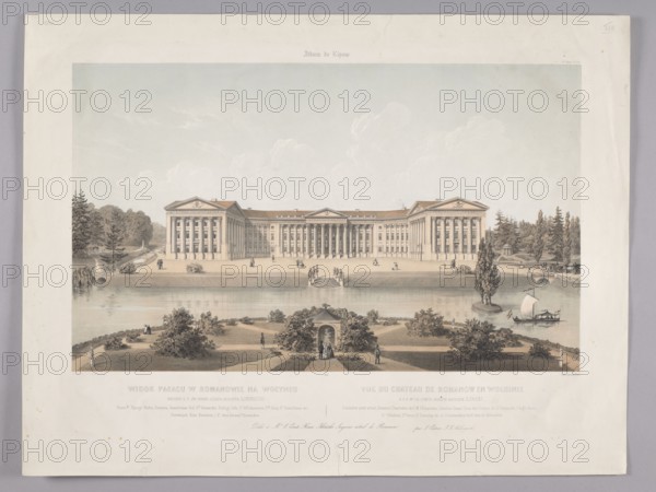 View of the palace in Romanów in Volhynia; lithograph by Charles Claude Bachelier, after an original by Gustav Friedrich Amalius Taubert, with Jean-Louis Tirpenne; published by Lemercier, Bénard et Cie and Jan Kazimierz Wilczynski, Paris, 1854. Subject: palace and garden pavilions, gardens and parks, garden sculptures; style: classicism. Inscription/attribution: Ilinski, Józef August 1766–1844 referenced. Medium: French print graphic print, height 42.4 cm, width 56.6 cm., A wide, pale scene shows a large classical building with a long colonnaded facade and triangular pediments, set behind a body of water. In front of the building is a landscaped area with lawns, pathways, and several shrubs and trees, including tall evergreens and a few rounded bushes. A small island or raised planting with a tall tree sits in the water near a boat with a white sail. Several small groups of people in period dress are scattered on the grounds and along the water’s edge. The sky is a soft, light blue wit...