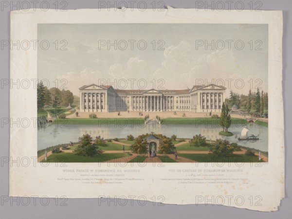 View of the palace in Romanów in Volhynia; lithograph by Charles Claude Bachelier ca.1830–ca.1887 and Jean-Louis Tirpenne 1801–1878, after Gustav Friedrich Amalius Taubert 1755–1839; published by Lemercier, Bénard et Cie Paris and Jan Kazimierz Wilczynski; classicist palace and garden with pavilions and garden sculptures; landscape of Romanów Ukraine; from Album Kijowskie; French print, 1854; print graphic print, 39.5 × 56.9 cm., A large neoclassical building with a pale facade and rows of columns sits across a wide reflective body of water, with a manicured green lawn and garden in the foreground featuring a central arched stone pavilion covered in greenery and surrounded by bushes and flowerbeds. Several small groups of people in period clothing stand and walk on the lawn and near the building, and a small sailboat with a white sail is on the water near a tree-covered island. Trees and shrubs in shades of green frame both sides of the scene, and the sky above shows soft pastel tones ...