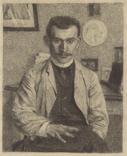 Jasinski en veste bleu, Vallotton, Félix 1865-1925 graphic artist; author, France, graphic print, modernism, 1896, portrait of Feliks Stanislaw Jasinski male portrait, dedication to Jasinski, graphic, height 23.0 cm, width 15.0 cm, materials: print., A monochrome etched portrait shows a seated man with short dark hair and a trimmed mustache wearing a light-colored jacket over a dark vest and shirt; his hands rest in his lap with one hand lightly placed over the other. The background contains textured crosshatching and a few framed rectangular shapes on the wall, plus a circular lighter area, and a tabletop or shelf with stacked papers or objects partially visible behind him. The image is rendered in shades of black, gray, and beige.