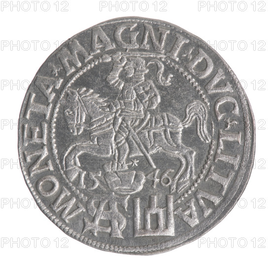 Lithuanian grosz on a Polish foot, Sigismund II Augustus (King of Poland; 1544–1572). Obverse: Crowned male bust in armour turned right, inscription in half-circle SIGIS·AVG·REX and at bottom in two lines .POLO·MAG·/DVX·LIT. Reverse: Lithuanian Chaser (Pogon) turned left; below, under the crown, date divided 15 - 46 and tied monogram composed of the letters SA and the Columns of Gediminas coat of arms; rim inscription MONETA·MAGNI·DVC·LITVA. 1546; Grand Duchy of Lithuania (Vilnius), Poland; coin; diameter 22.4–22.8 mm; weight 1.94 g.