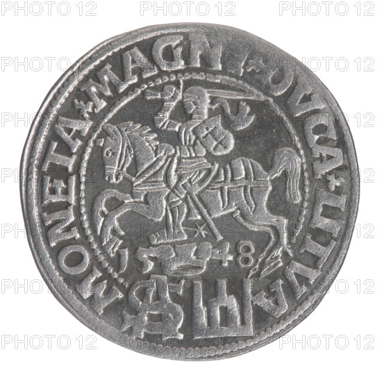 Lithuanian grosz on a Polish foot, Sigismund II Augustus (King of Poland; 1544–1572). Polish coin, 1548. Obverse: Crowned male royal bust in armor turned right, inscription in half-circle 'SIGIS-AVG.REX' above and 'POLO.MAG./.DVX.L.' in two lines at bottom. Reverse: Lithuanian Pogon (coat of arms) turned left, below a crown dividing the date 15–48, a tied monogram composed of the letters S A and the Columns of Gediminas (coat of arms of Lithuania) dividing the rim inscription 'MONETA.MAGNI.DVCA.LITVA'. Diameter ~22.7–23.0 mm; weight 2.06 g.