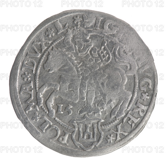 Lithuanian grosz on a Lithuanian foot, Sigismund II Augustus (King of Poland; 1544–1572). Obverse: crowned male bust in armour, profile turned right; rim inscription divided at top by a crown cross and at bottom by armour: .SIGIS.AVG.R - EX.POL.M:.L. Reverse: Lithuanian Pahonia (Pogon) facing left, below the date 15-45 and a shield with the Columns of Gediminas coat of arms dividing the rim inscription: SI, VG.REX. - POL.MA.DVX.L. 1545. Vilnius, Grand Duchy of Lithuania. Coin; diameter 24.4–24.8 mm; weight 2.22 g.