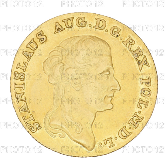 Triple Crown Ducat of Stanislaw August Poniatowski (King of Poland, 1764–1795). Obverse: head of the king in right profile, legend 'STANISLAUS AUG. D G REX POL. MDL.' Reverse: under a crown, within a laurel wreath, two coats of arms (of Poland and Lithuania) and the Ciolek coat of arms; at the bottom in a wreath the face value numeral '3', and around the inscription 'AUREUS 1794 POLONIAE.' Date: 1794. Poland. Coin; diameter 29 mm; weight 12.30 g.