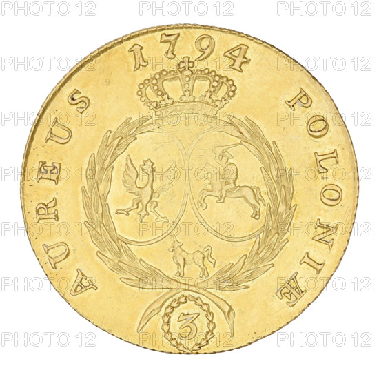 Triple Crown ducat of Stanislaw August Poniatowski (King of Poland, reign 1764–1795; lifespan 1732–1798). Obverse: head of the king in right profile, legend 'STANISLAUS AUG.DGREX POL.MDL'. Reverse: under a crown, within a laurel wreath, two coats of arms (Poland and Lithuania) and the Ciolek coat of arms; at the bottom within a wreath the face value numeral '3', and around the inscription 'AUREUS 1794 POLONIAE', dated 1794. Coin of Poland, Warsaw; diameter 29 mm, weight 12.30 g.