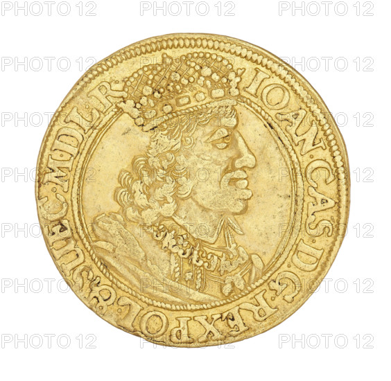 Gdansk ducat by Gerhard Rogge (fl. 1639–1657), struck under King John II Casimir Vasa (reigned 1648–1668). Obverse: bust of the king with crown, right profile, on the chest a chain with the Order of the Golden Fleece; legend around rim: IOAN.CAS.DGREX POL.& SUEC.MDLR. Reverse: Gdansk coat of arms held by two double-tailed lions; at top a wreath surrounds a branch with five leaves; at bottom the letters GR. Polish coin; diameter ca. 24.8–25 mm; weight 3.45 g.