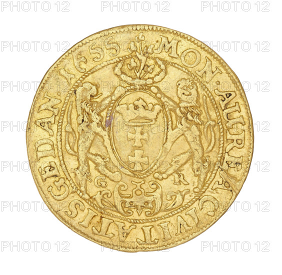 Gdansk ducat, Rogge, Gerhard (fl. 1639–1657); John II Casimir Vasa (King of Poland, 1648–1668). Obverse: bust of the king with a crown, right profile, wearing a chain with the Order of the Golden Fleece; legend around rim: IOAN.CAS.DGREX POL.& SUEC.MDLR. Reverse: Gdansk coat of arms held by two double-tailed lions; at top a wreath surrounds a branch with five leaves; at bottom the letters GR. Coin; diameter ~24.8–25 mm; weight 3.45 g.