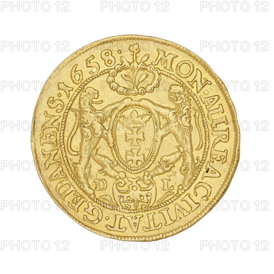 Gdansk ducat, 1658. John II Casimir Vasa (King of Poland; 1609–1672). Obverse: bust of the king with a crown, right profile, wearing a high soldier's cuirass and a chain with the Order of the Golden Fleece; legend IOH.CAS.DGRPOL.& SUEC.MDLRP. Reverse: Gdansk coat of arms held by two lions, wreath surrounding a branch at top, letters DL separated by a cartouche at bottom; rim inscription MON.AUREA CIVITAT.GEDANENS.1658. Coin; Poland, Gdansk; weight 3.48 g; axis 350°.