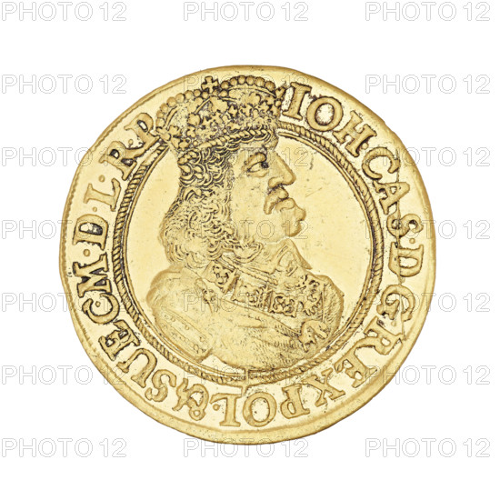 Gdansk ducat by Daniel Lesse (1656–1685), 1662. Obverse: right-profile bust of King John II Casimir Vasa wearing a crown and a chain with the Order of the Golden Fleece; double-line rim inscription 'IOH.CAS.DGREX POL.& SUEC.MDLRP'. Reverse: Gdansk coat of arms held by two lions, wreath surrounding a branch at top, cartouche dividing the letters 'D–L' at bottom; rim inscription 'MON.AUREA CIVITAT.GEDANENS:1662'. Coin (Polish), weight 3.44 g.