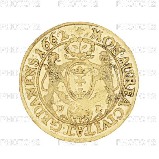 Gdansk ducat by Daniel Lesse (1656–1685), 1662. Obverse: bust of King John II Casimir Vasa (John Casimir; King of Poland 1648–1668) in right profile wearing a crown; on the chest a chain with the Order of the Golden Fleece; double-line rim inscription IOH.CAS.DGREX POL.& SUEC.MDLRP. Reverse: Gdansk coat of arms held by two lions; at top a wreath surrounding a branch; bottom cartouche dividing the letters D–L; rim inscription MON.AUREA CIVITAT.GEDANENS:1662. Coin (Polish), weight 3.44 g.
