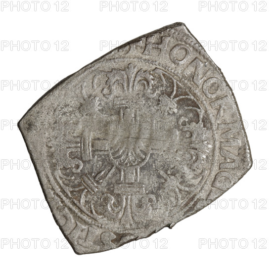 Teutonic quarter-guilder clip, Albrecht Hohenzollern (prince in Prussia; Grand Master; 1490–1568); Wille, Albrecht (fl. 1520–?), publisher; Plate, Dominik (fl. ?–1527), publisher. R7 (rarity). Lily-shaped cross (iconographic); Madonna on a crescent (iconographic); Madonna with Child (iconographic); war coins (1520–1521); Teutonic Knights (order). Obverse: Virgin Mary and Child resting on a crescent. On the rim, between the pearly borders, an inscription beginning with a shield with an eagle. Reverse: Cross with arms terminating in florences, between them plant motifs. At the intersection of the arms of the cross, a shield with an eagle. On the rim, between the pearly borders, an inscription. 1521. State of the Teutonic Order (1226–1525), Königsberg. Clip coin. Diameter 23 mm; diameter 26.3 mm; weight 5.27 g; axis 0°.