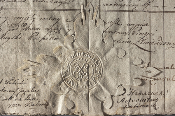 Round imprint of the seal of the town of Babimost, Poznan Voivodeship. On the crowned cartouche two crossed keys. In the rim the inscription: + SIGILLUM . OPPIDI . BABIMOST . 1671 +. 1671. Poland. Seal.