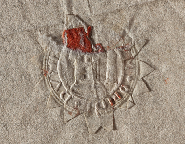 Round seal impression of the town of Dubin. A tower with three domes, on the left side a smaller tower with the same dome. Inscription around the rim: UM OPIDI DUPIN, 1774, Poland, seal.