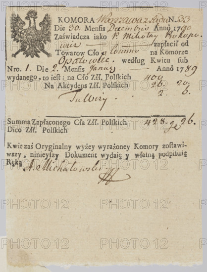 printed mark of the customs chamber in Warsaw; customs seals; document seals; Zurakowski, Witold (?-1927); paper seals; customs receipts; printed mark of the customs chamber in Warsaw — crowned eagle; 1790; Poland, Warsaw; stamp; dimensions 1: 22 mm; dimensions 2: 25 mm