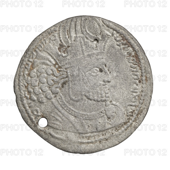 Drachma of Shapur I (ruler of Persia; 241–272). Obverse: Bust of Shapur I facing right, wearing a crown topped with a korymbos; pearl border. Pahlavi inscription (Middle Persian). Reverse: Burning altar; to the sides stand the king and the priest, each holding a spear in one hand and the other resting on the hilt of a sword; in the left field three balls forming an inverted triangle; pearl rim. Pahlavi inscription (Middle Persian). Sassanid art; Sassanid Kingdom. Coin: Persia, 241–272. Diameter 26.5 × 27.0 mm; weight 3.60 g.