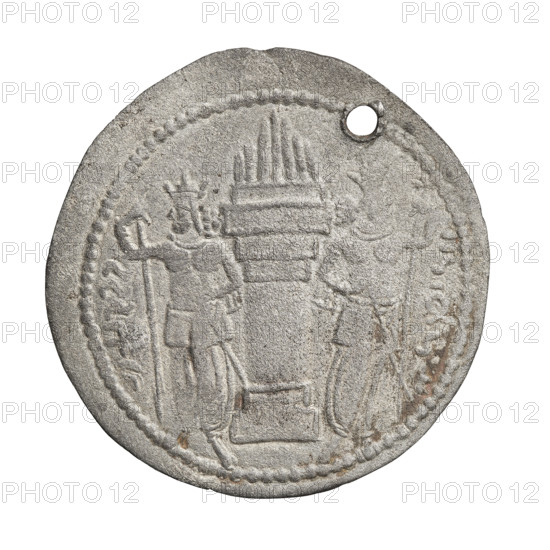 Drachma of Shapur I (ruler of Persia; 241–272). Obverse: Bust of Shapur I facing right, wearing a crown topped with a korymbos; pearl border. Pahlavi inscription (Middle Persian). Reverse: Burning altar; on either side stand the king and the priest, each holding a spear in one hand and resting the other on the hilt of a sword; in the left field three balls forming an inverted triangle; pearl rim. Pahlavi inscription (Middle Persian). Sassanid art; Sassanid Kingdom. Coin, Persia, 241–272. Diameter 26.5 × 27.0 mm; weight 3.60 g.