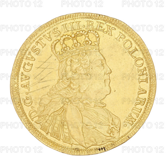 Crown double-ducat, August III Sas (King of Poland; 1733–1763), maker: Ernest Dietrich Croll (fl. 1753–1763). Date: 1753. Material: coin; weight 6.97 g. Obverse: bust of the king turned right, wearing a crown, wig and mantle, with the Order of the Golden Fleece on his chest; rim inscription: DGAVGVSTVS III.REX POLONIARUM. Reverse: under a crown a round, five-field shield with the coats of arms of Poland, Lithuania and Saxony, flanked by two palm leaves; at the bottom the letters EDC; inscription around the rim: SAC.ROM.IMP.ARCHIM ET ELECT.1753. Style/region: Saxony–Poland, Leipzig.