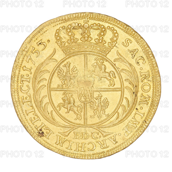 Crown double-ducat, 1753. Maker: Ernest Dietrich Croll (fl. 1753–1763). Issued for August III Sas (King of Poland; Elector of Saxony; 1696–1763). Obverse: bust of the king turned right, wearing a crown, wig and mantle, with the Order of the Golden Fleece on his chest; rim inscription: DGAVGVSTVS III.REX POLONIARUM. Reverse: beneath a crown a round five-field shield with the coats of arms of Poland, Lithuania and Saxony, flanked by two palm leaves; at the bottom the letters EDC; rim inscription: SAC.ROM.IMP.ARCHIM ET ELECT.1753. Material: coin. Weight: 6.97 g. Location: Leipzig, Saxony (Germany).