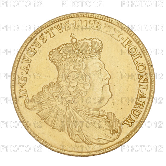 Crown Double Augustus; maker: Ernest Dietrich Croll (fl. 1753–1763); subject: Augustus III Sas (King of Poland 1733–1763; Elector of Saxony 1696–1763); place: Leipzig, Germany; object: thaler (coin); material: metal; date: 1756; weight: 13.32 g. Obverse: bust of the king turned right, wearing a crown, wig and mantle, with the Order of the Golden Fleece on his chest; rim inscription: DGAVGVSTVS.III.REX.POLONIARUM. Reverse: beneath a crown a round five-field shield bearing the coats of arms of Poland, Lithuania and Saxony; flanked by two palm leaves; at bottom 10.TH., with letters E - C on the sides; rim inscription: SAC.ROM.IMP.ARCHIM.ET ELECT.1756. Edge decorated with notches.