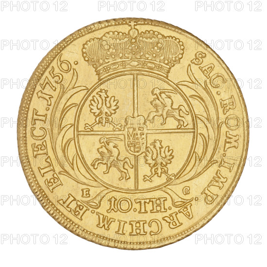 Crown Double Augustus, Croll, Ernest Dietrich (fl. 1753–1763), Augustus III Sas (King of Poland; 1733–1763; Elector of Saxony; 1696–1763). Thaler, 1756. Obverse: bust of the king turned right, in a crown, wig and mantle, with the Order of the Golden Fleece on his chest, divided at the bottom by rim inscription: DGAVGVSTVS.III.REX.POLONIARUM. Reverse: under the crown a round, five-field shield with the coat of arms of Poland, Lithuania and Saxony; on the sides two palm leaves; at the bottom 10.TH., with E - C on the sides. Inscription around the rim: SAC.ROM.IMP.ARCHIM.ET ELECT.1756. Edge decorated with notches. Weight 13.32 g.