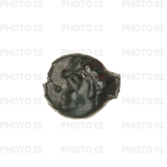 bronze coin, Pantikapaion; obverse: head of beardless Satyr in an ivy wreath to the left; reverse: bow and arrow to the right, inscription below; iconography: bow and arrow, head of Satyr; Satyr (mythology); arrows, bows, armament, weapon (iconographic); date: 1st half 3rd century BC; region: Cimmerian Bosporus, Pantikapaion; coin; weight 1.80 g; dimensions: 12.7 mm and 14.7 mm