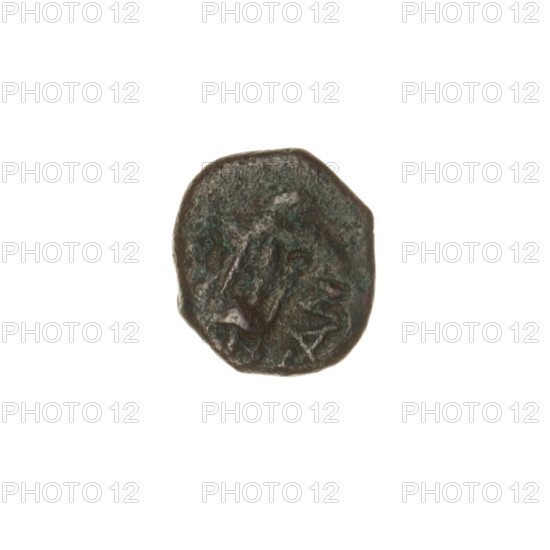bronze coin, Pantikapaion; obverse: bearded Satyr's head left with countermark (tripod and inscription at left); reverse: bow and arrow right with inscription below; countermarks; iconography: Satyr, tripod, bow, arrows, weapons; numismatics: weight 1.27 g, axis 330°, dimensions 12.4 × 13.6 mm; ca. 250 BC, Cimmerian Bosporus.