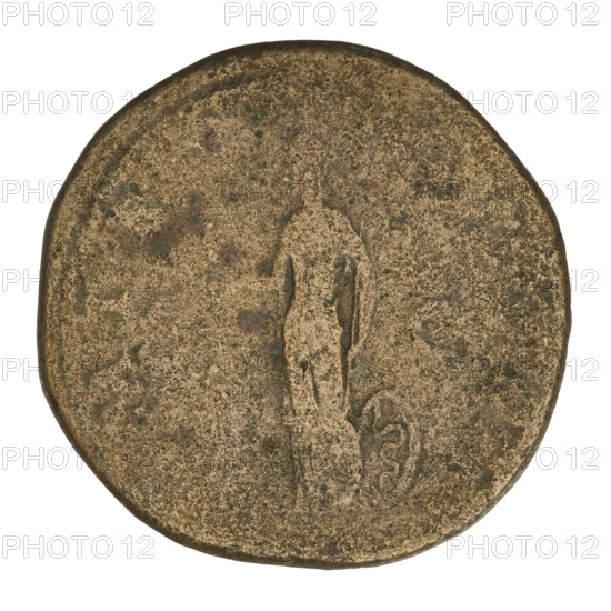 Sestertius of Hadrian (76–138; Roman emperor 117–138). Obverse: bust of Hadrian facing right with a laurel wreath; rim inscription IMPCAESARTRAIANH. Reverse: Minerva standing left, dressed in a long robe, wearing a helmet; in her right hand she holds incense/gift which she throws onto a candelabrum opposite her, in her left hand she holds a spear vertically; behind her a shield rests on her leg on which a snake is crawling; on both sides: SC; inscription at the bottom: PMT. Date: 121–122 CE. Roman Empire (27 BC–476). Coin, weight 26.80 g, axis 180 degrees.